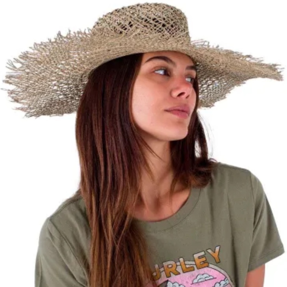 HURLEY Tan Wide-Brimmed Sun Lisbon Straw Hat with Natural Weave NWT - Picture 3 of 16